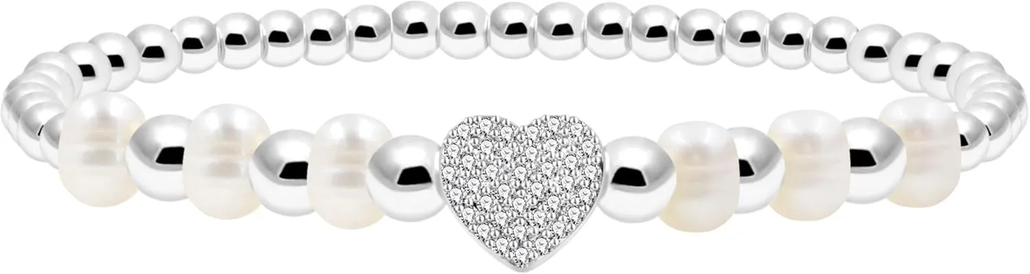 Natural Pearl and Brass Balls Beaded Bracelet Decorated with Cubic Zirconia Heart Special Festivals Gift for Women YA4767