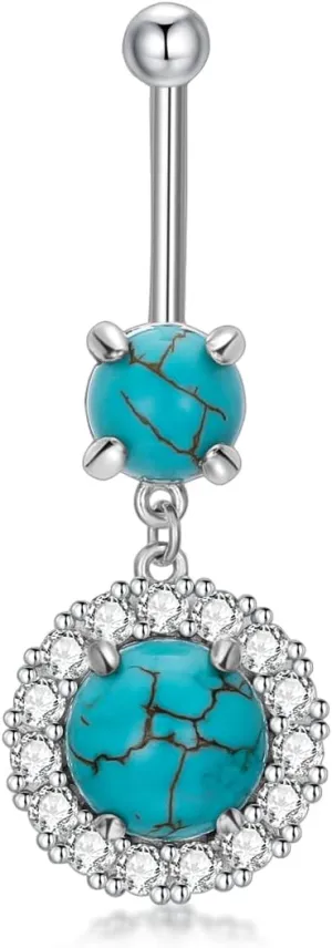 Natural Turquoise Belly Button Ring for Women 14G 925 Sterling Silver Genuine Turquoise Dangle Belly Button Ring Navel Piercing Jewelry Gifts