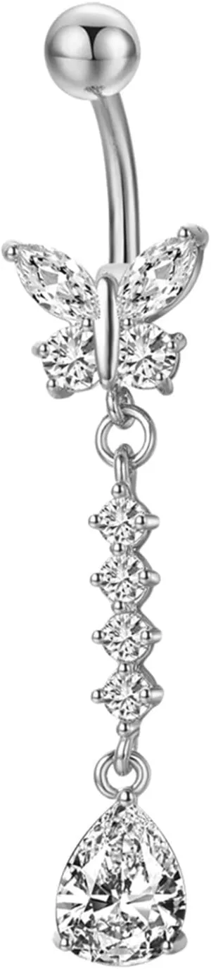 Navel Ring Surgical Stainless Steel, CZ Gold Navel Rings for Women Butterfly Teardrop White Navel Rings