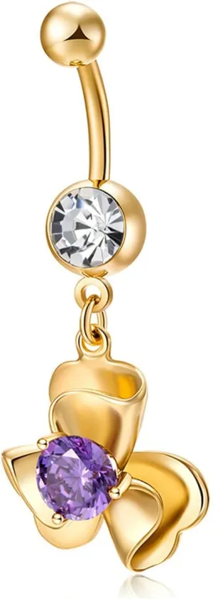 Navel Ring Surgical Stainless Steel, CZ Long Navel Rings for Women 3 Petals Flower Gold Navel Rings