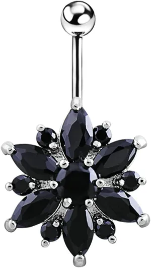 Navel Ring Surgical Stainless Steel, CZ Navel Rings for Women Hoop Flower Silver Black Navel Rings
