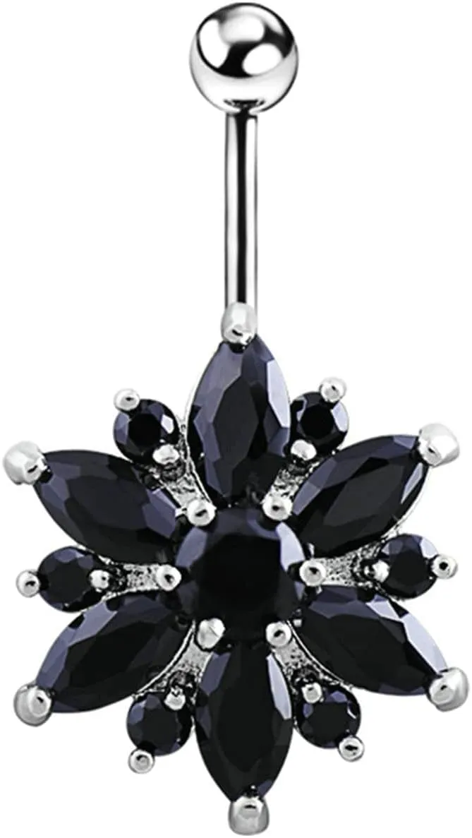 Navel Ring Surgical Stainless Steel, CZ Navel Rings for Women Hoop Flower Silver Black Navel Rings