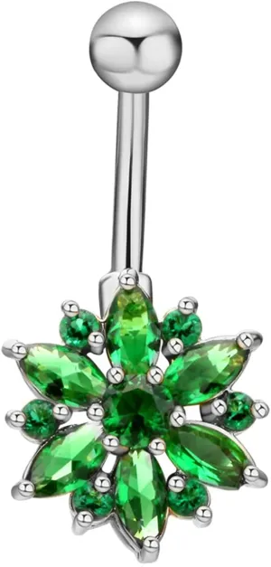 Navel Rings Stainless Steel, Crystal Gold Navel Rings for Women Flower Silver Green Navel Piercing