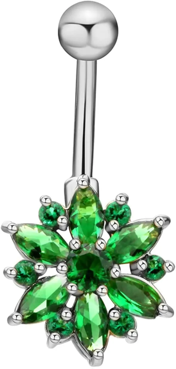 Navel Rings Stainless Steel, Crystal Gold Navel Rings for Women Flower Silver Green Navel Piercing