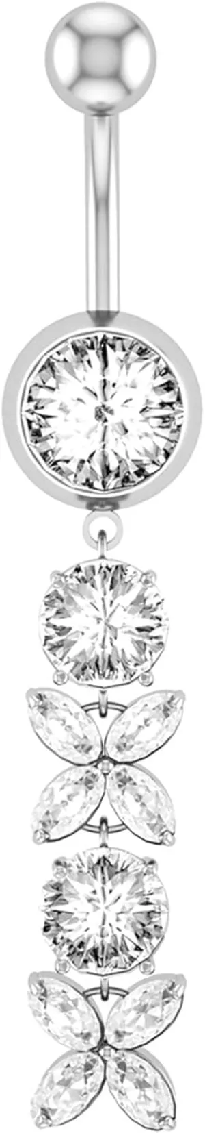 Navel Rings Stainless Steel, Crystal Navel Rings for Women Hoop Marquise And Round Pendant Silver Belly Ring