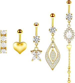 Navel Rings Stainless Steel, Crystal Top Navel Rings for Women 5Pcs Geometric And Heart Shape Gold Belly Ring