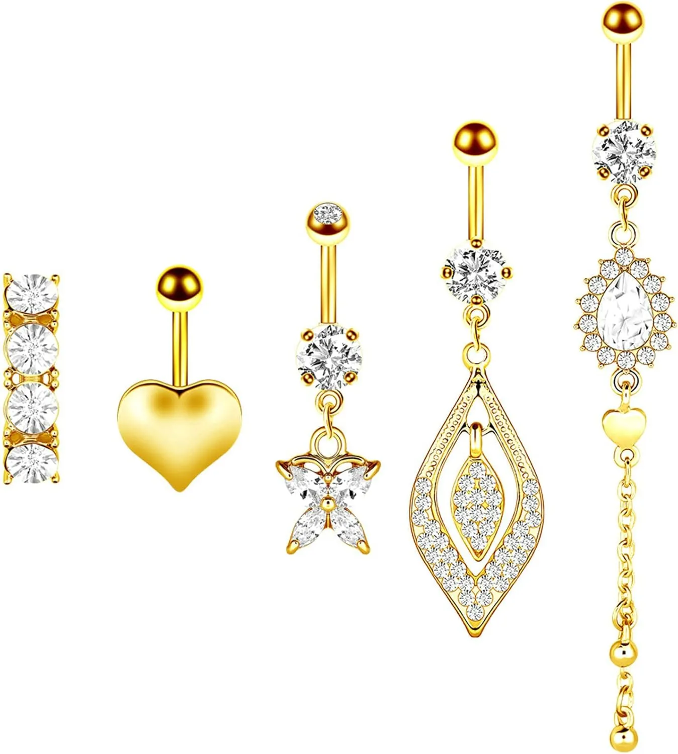 Navel Rings Stainless Steel, Crystal Top Navel Rings for Women 5Pcs Geometric And Heart Shape Gold Belly Ring