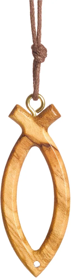 NazarethFairTrade Jesus Fish Ichthus Olive Wood Symbol Cross Necklace