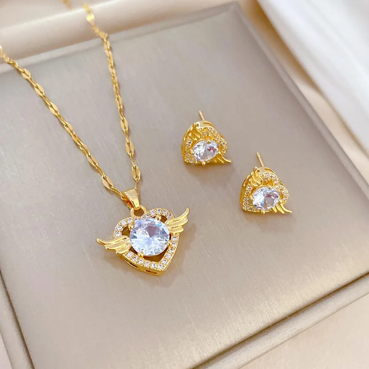 Necklace and Earring Sets for Women 14K Gold Plated Dainty Pearl Geometric Heart Rose Flower Rhinestone Charms Choker Earrings Statement Bridal Wedding Jewelry Set