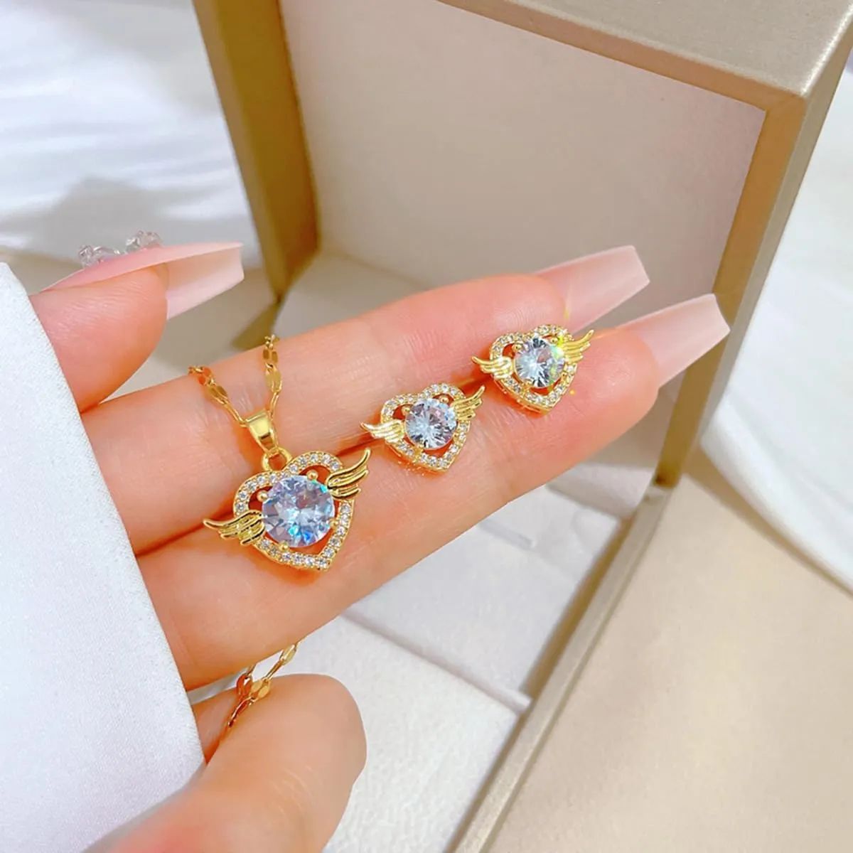 Necklace and Earring Sets for Women 14K Gold Plated Dainty Pearl Geometric Heart Rose Flower Rhinestone Charms Choker Earrings Statement Bridal Wedding Jewelry Set
