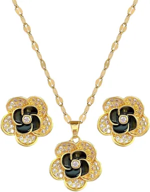 Necklace and Earring Sets for Women 14K Gold Plated Dainty Pearl Geometric Heart Rose Flower Rhinestone Charms Choker Earrings Statement Bridal Wedding Jewelry Set