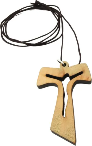 Needzo - Wooden Tau Crucifix Pendant, Cut-Out Christian Devotional Jewelry, Gift for Friars and Nuns, 2 Inch Cross