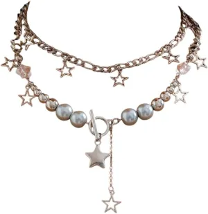 New 2025 Retro Multi Layered Hollow Star Pendant Necklace For Women Punk Grey Imitation Pearl Cuban Chain Choker Necklace Set Jewelry Gift Fashion Trendy Accessories Creative