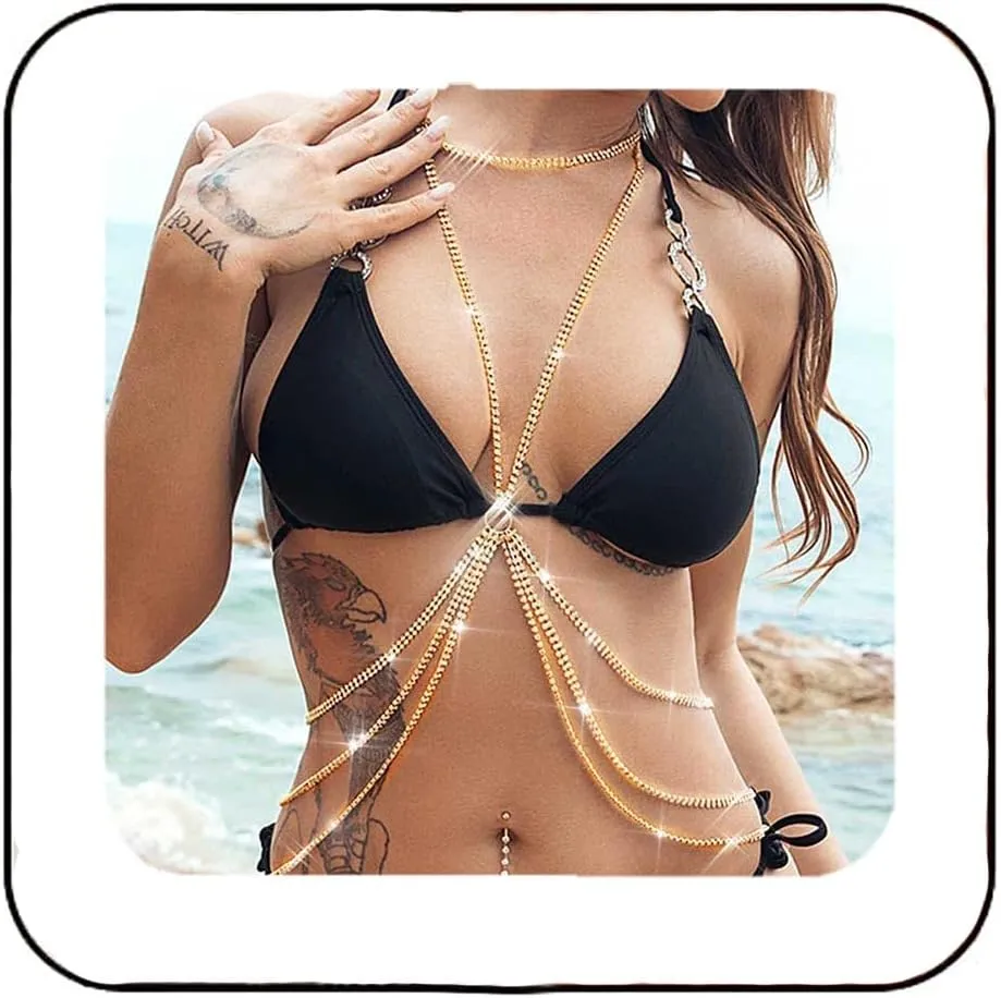 Nicute Gold Body Jewelry Sparkly Rhinestone Waist Chain Layered Diamond Bra Body Chain for Women