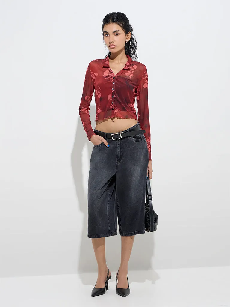 Nuon Red Floral Design Mesh Cotton-Blend Shirt