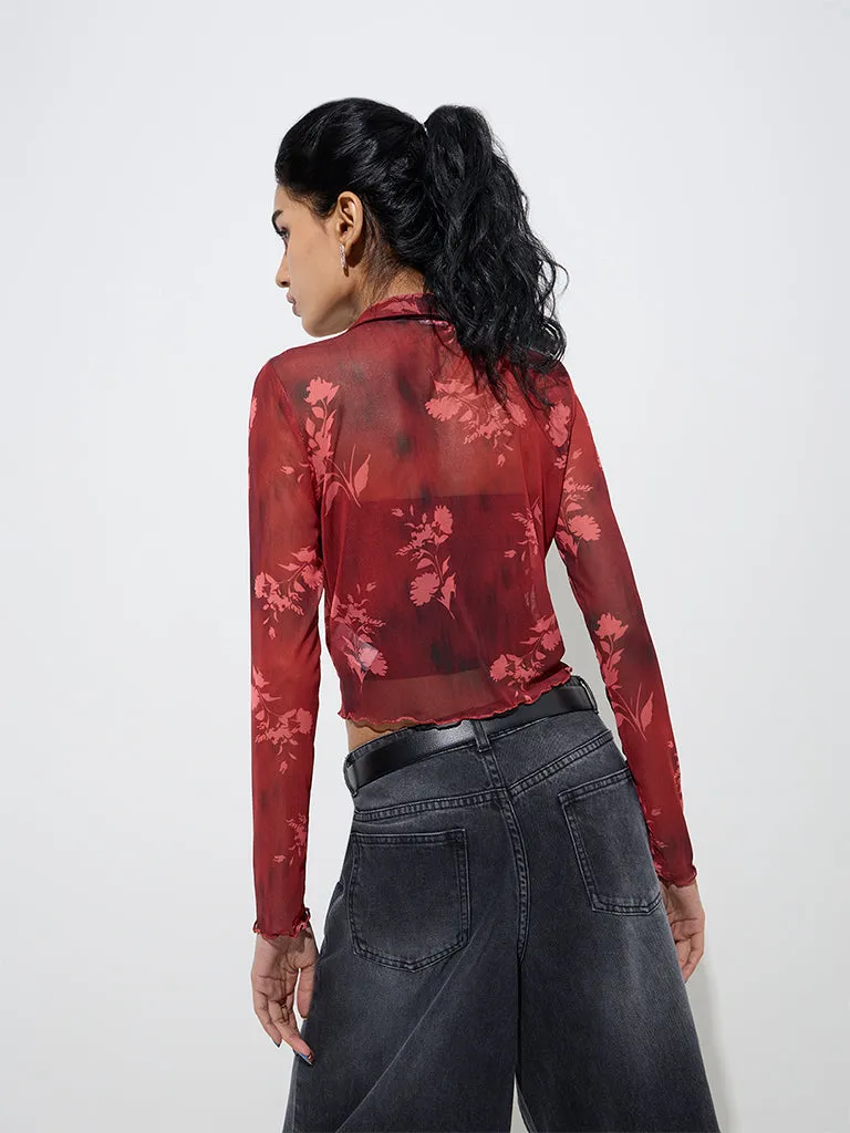 Nuon Red Floral Design Mesh Cotton-Blend Shirt