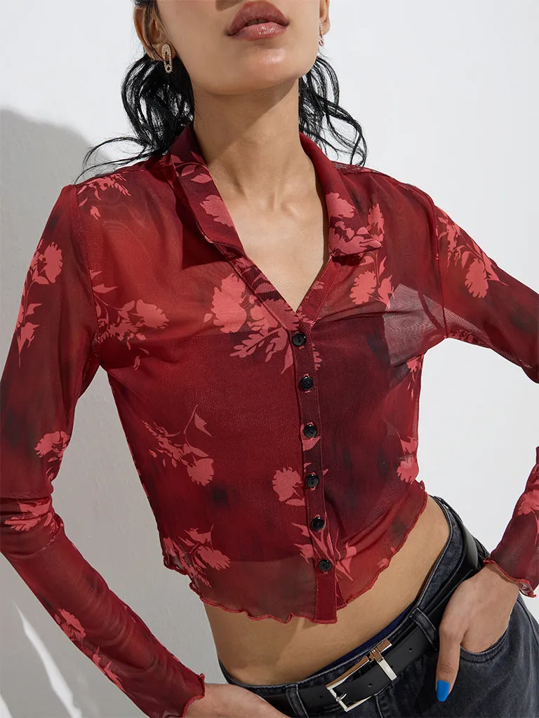 Nuon Red Floral Design Mesh Cotton-Blend Shirt