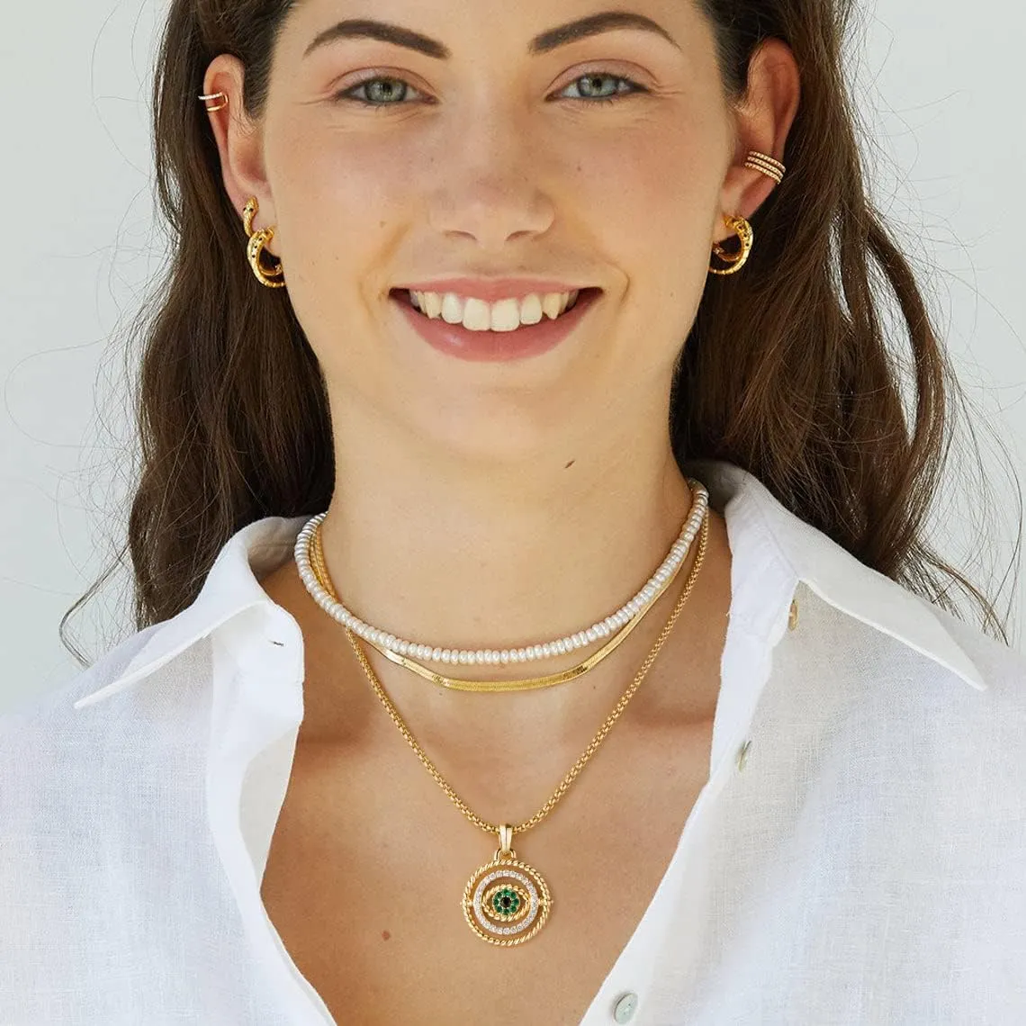 NUZON 2-Tone Interlocking | Sunburst Heart | CZ Evil Eye | Single Pearl | Love Heart Pendant Necklace for Women 18K Gold Chain Necklace Protection Prayer Faith Jewelry