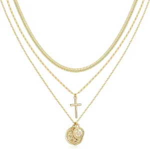 NUZON 3 Layering Necklace for Women 18K Gold Plated Paper Clip Chain Layered Choker Lock Coin Pendant Necklace Multi Strand Jewelry