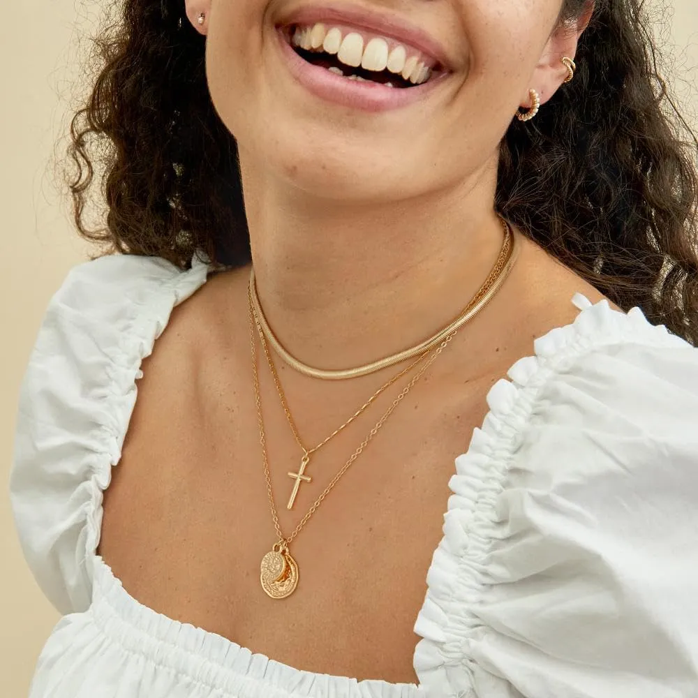 NUZON 3 Layering Necklace for Women 18K Gold Plated Paper Clip Chain Layered Choker Lock Coin Pendant Necklace Multi Strand Jewelry