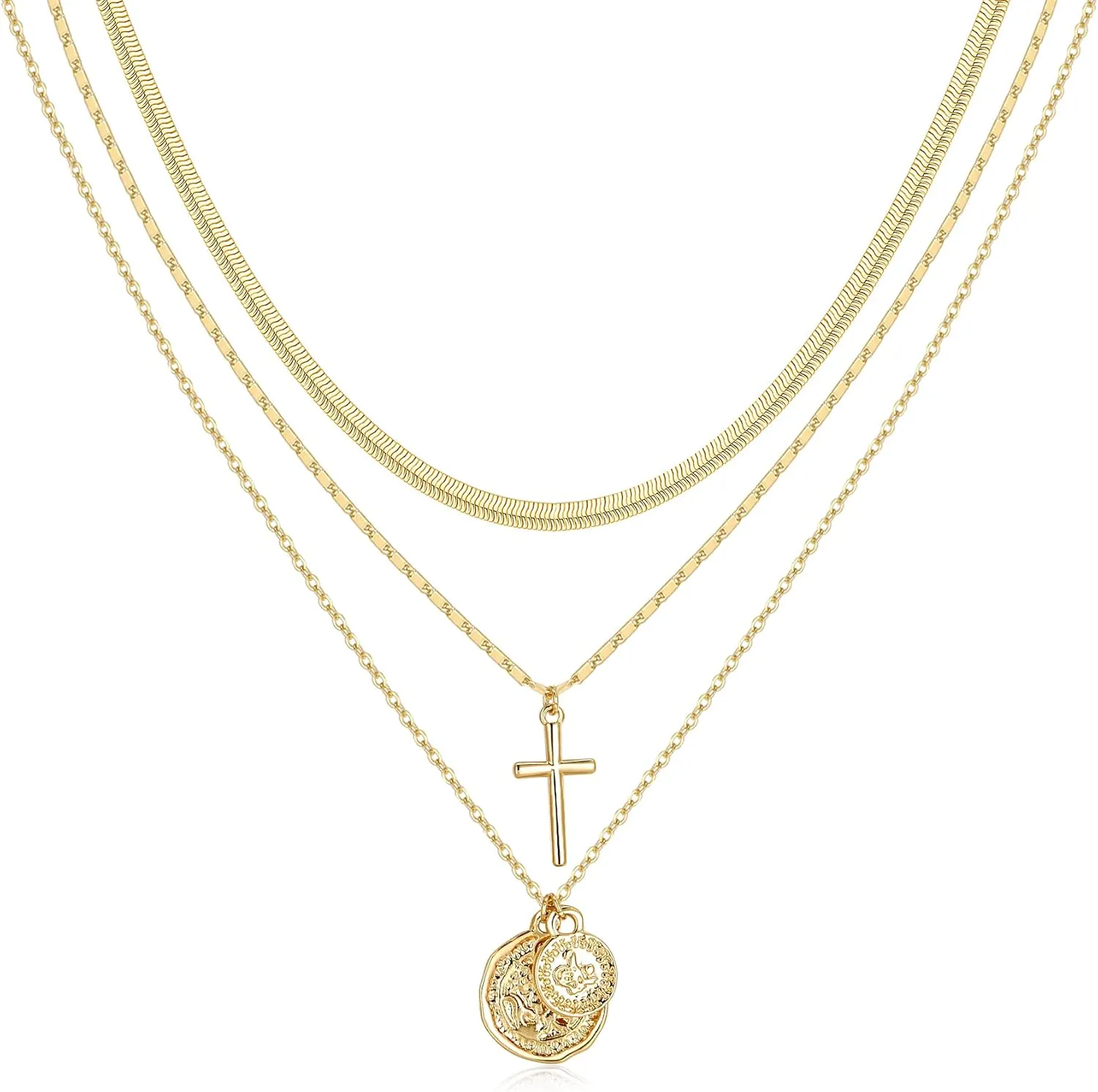 NUZON 3 Layering Necklace for Women 18K Gold Plated Paper Clip Chain Layered Choker Lock Coin Pendant Necklace Multi Strand Jewelry