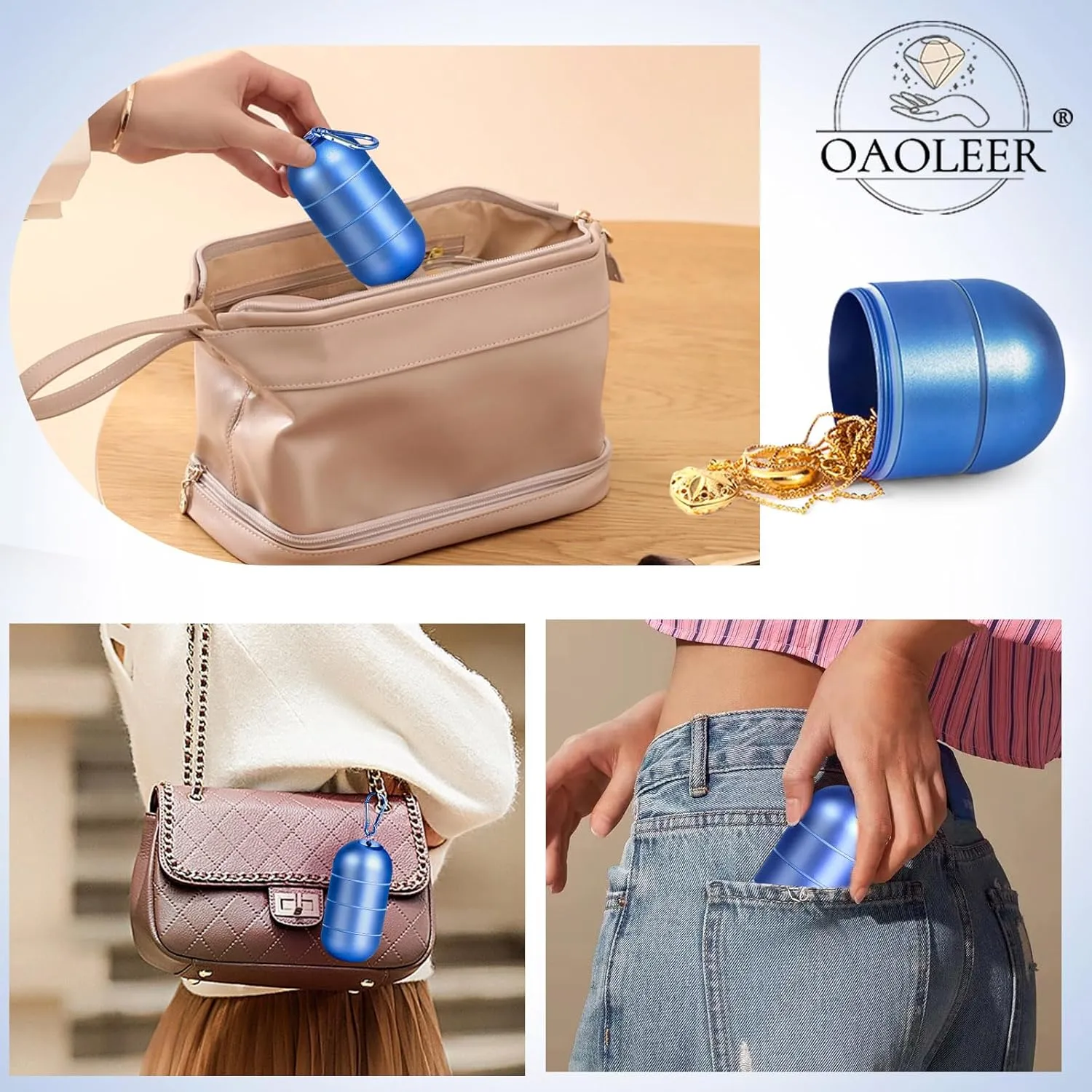 OAOLEER Travel Ring Holder Keychain, Jewelry Holder Keychain Traveling Ring Keychain Holder 3 Layers, Small Necklace Holder Bracelet Holder for Gym Sports Bag (Blue 3 Layer)