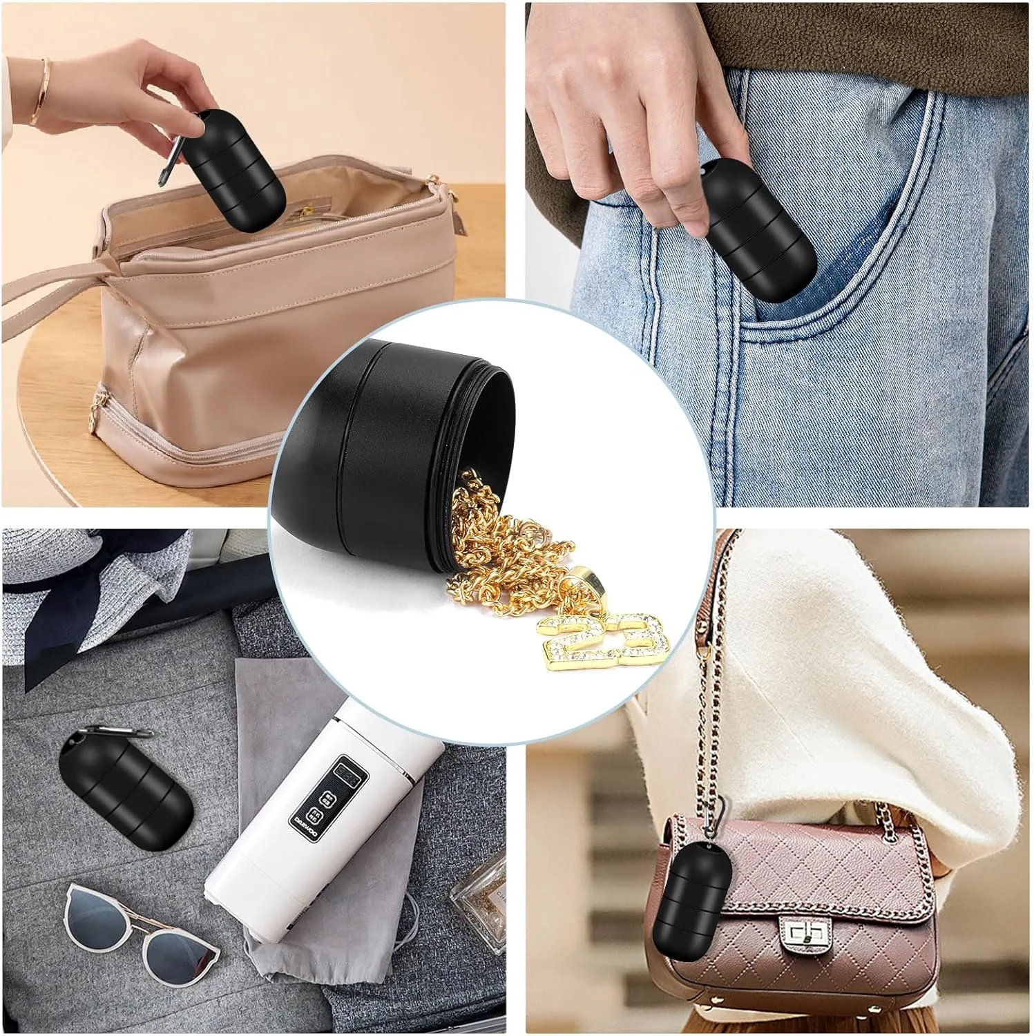OAOLEER Travel Ring Holder Keychain, Jewelry Holder Keychain Traveling Ring Keychain Holder 5 Layers, Small Necklace Holder Bracelet Holder for Gym Sports Bag (Black 5 Layer)