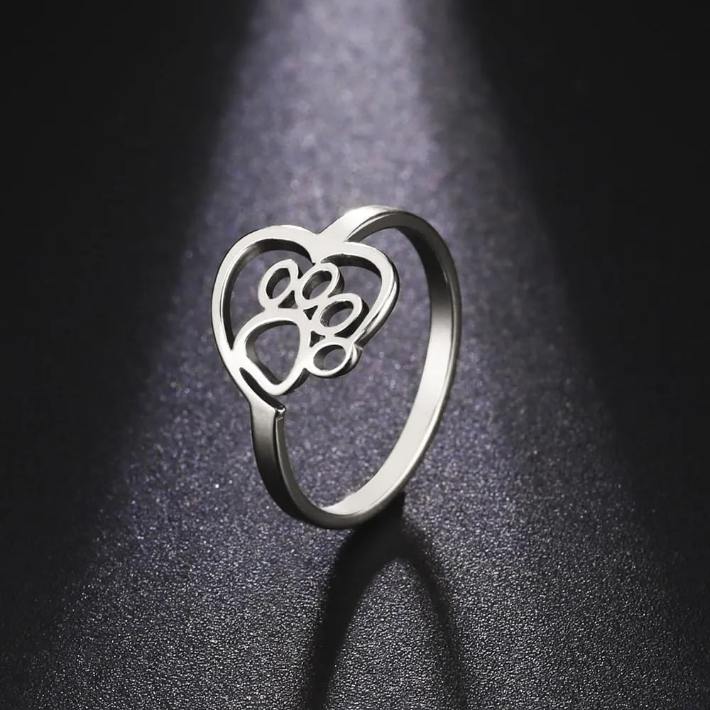 OIDIMS Lovely Puppy Paw Print Rings Stainless Steel for Women Men Cute Animal Dog Pet Rings Promise Love Couple Rings Hypoallergenic Fashion Band Jewelry Birthday Valentine's Day Gifts for Her/Him