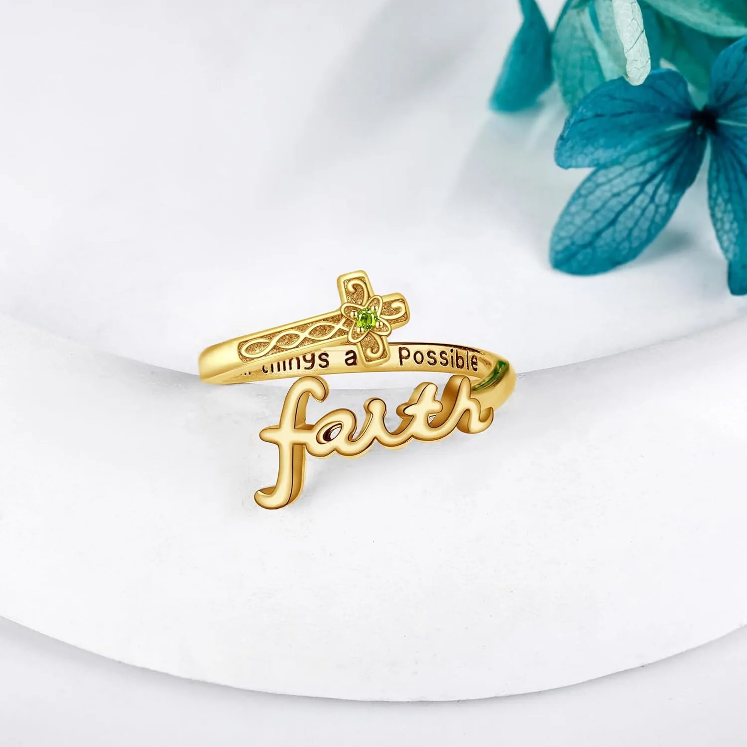 ONEFINITY Faith Birthstone Ring 925 Sterling Silver Cross Faith Personalized Birthstone Ring Customized Cubic Zirconia Christian Spoon Rings Religion Jewelry For Women Daughter Friend