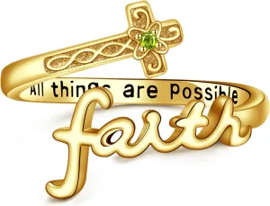 ONEFINITY Faith Birthstone Ring 925 Sterling Silver Cross Faith Personalized Birthstone Ring Customized Cubic Zirconia Christian Spoon Rings Religion Jewelry For Women Daughter Friend