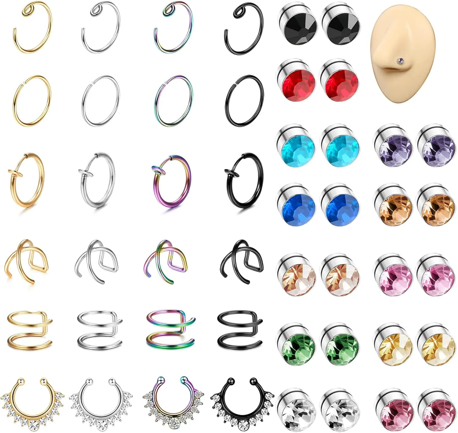 ORAZIO Fake Nose Ring - Stainless Steel Fake Nose Rings for Women Small Faux Septum Nose Ring Stud CZ Lip Ring Stud Nose Cuff Cartilage Earring Small Non Piercing Nose Ring Faux Piercing Jewelry