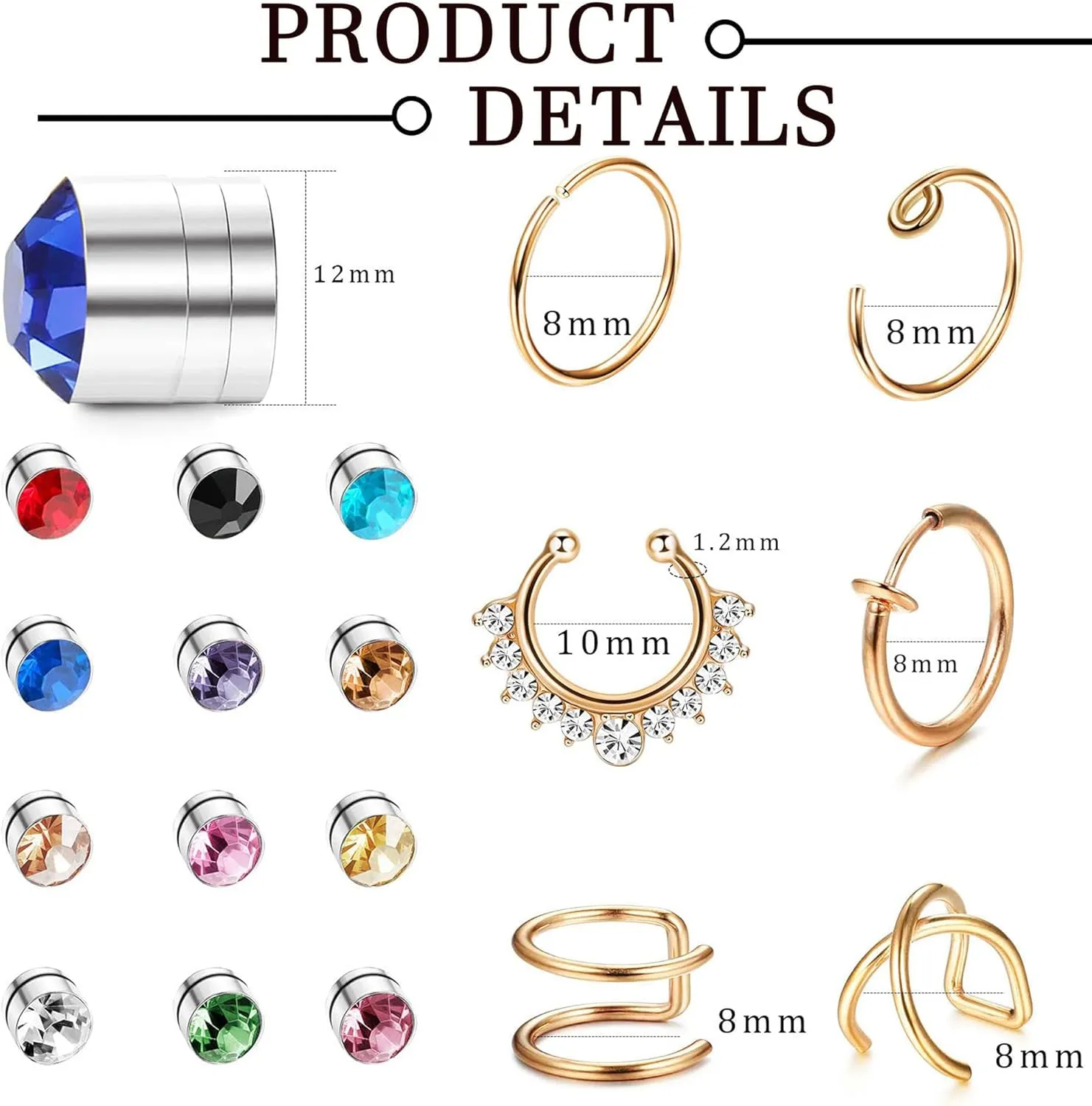 ORAZIO Fake Nose Ring - Stainless Steel Fake Nose Rings for Women Small Faux Septum Nose Ring Stud CZ Lip Ring Stud Nose Cuff Cartilage Earring Small Non Piercing Nose Ring Faux Piercing Jewelry