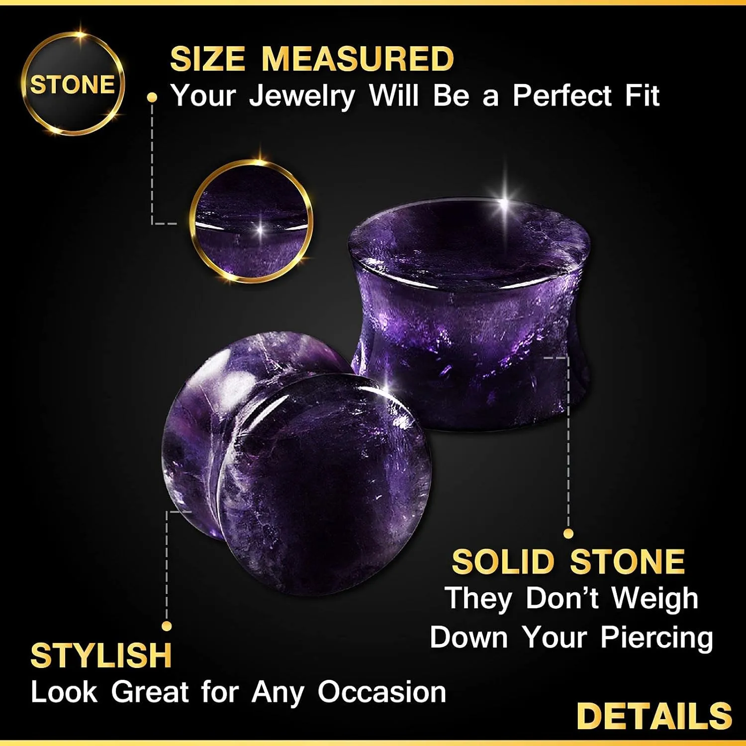 Organic Stone Amethyst Double Flared Saddle Ear Gauge Double Flare plugs Stretcher Lobe Earring Piercing Jewelry Choose Sizes