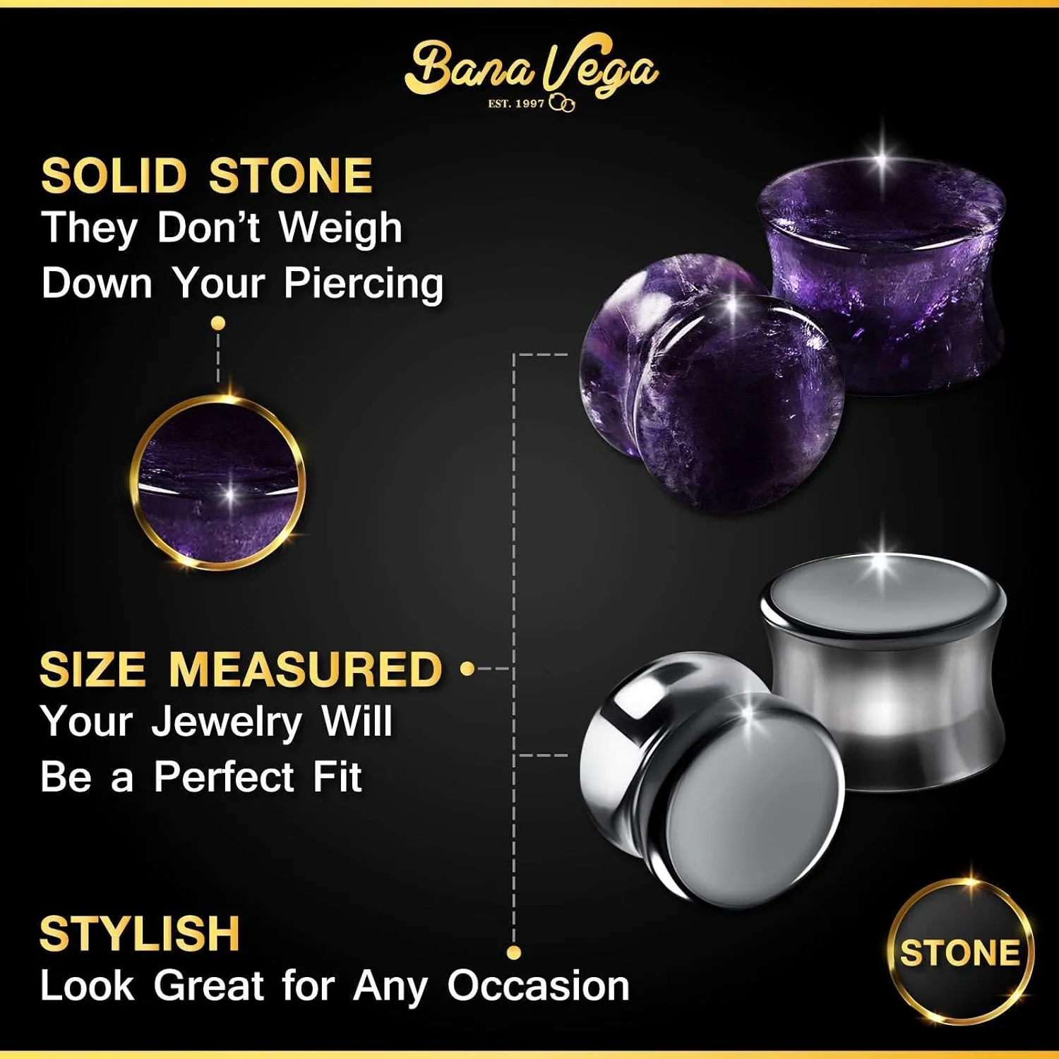 Organic Stone Amethyst Double Flared Saddle Ear Gauge Double Flare plugs Stretcher Lobe Earring Piercing Jewelry Choose Sizes