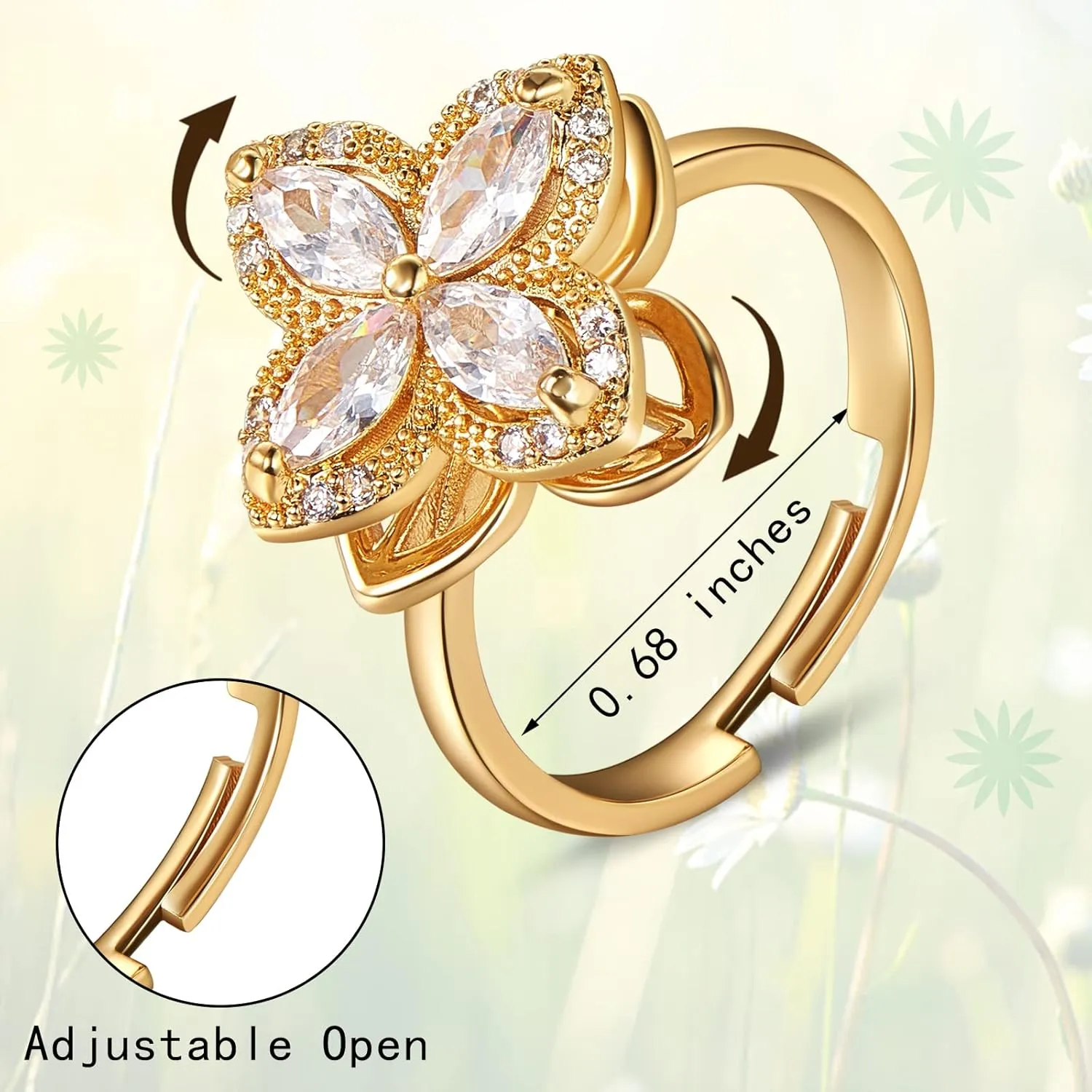Ornaland Fidget Spinner Rings Adjustable Open Four Leaf Clover Ring Gold Cubic Zirconia Ring, Rotatable Cuff Pinwheel Ring for Women, 17.3mm