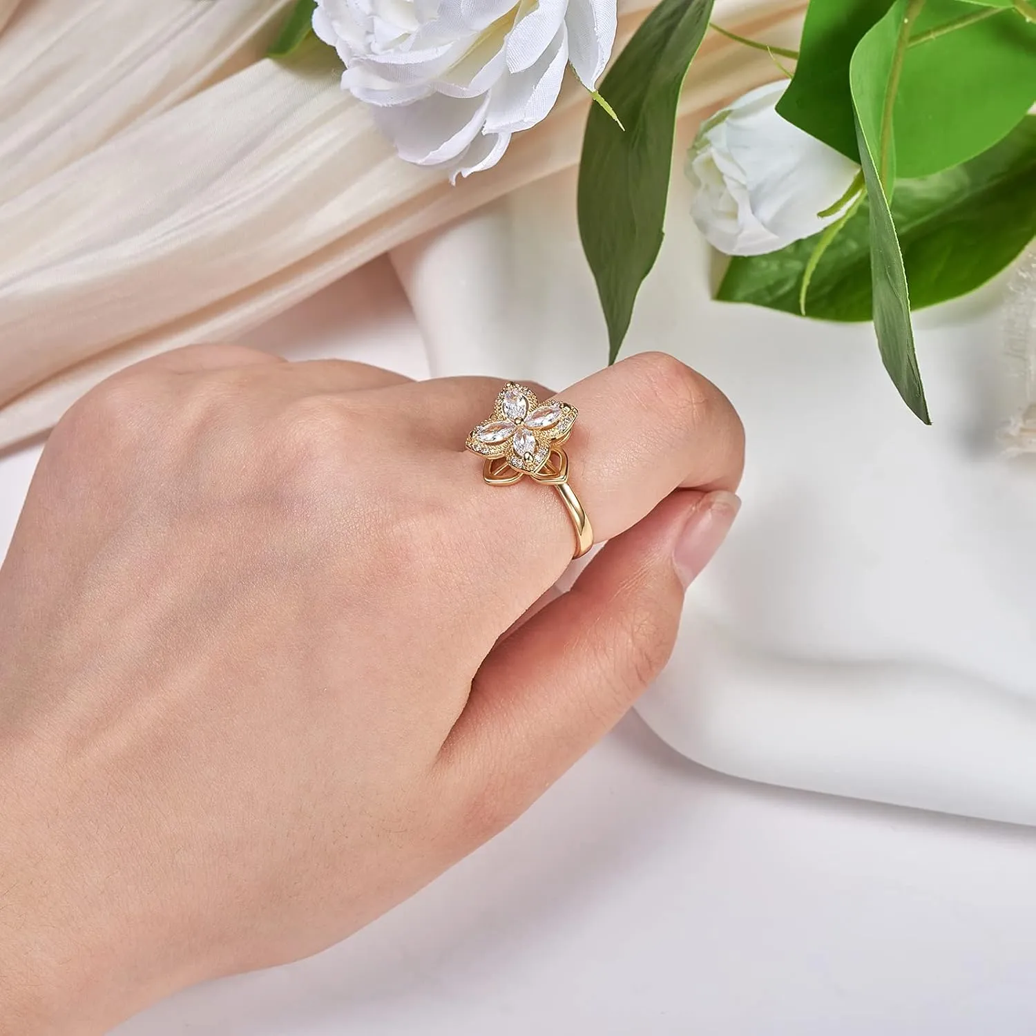Ornaland Fidget Spinner Rings Adjustable Open Four Leaf Clover Ring Gold Cubic Zirconia Ring, Rotatable Cuff Pinwheel Ring for Women, 17.3mm
