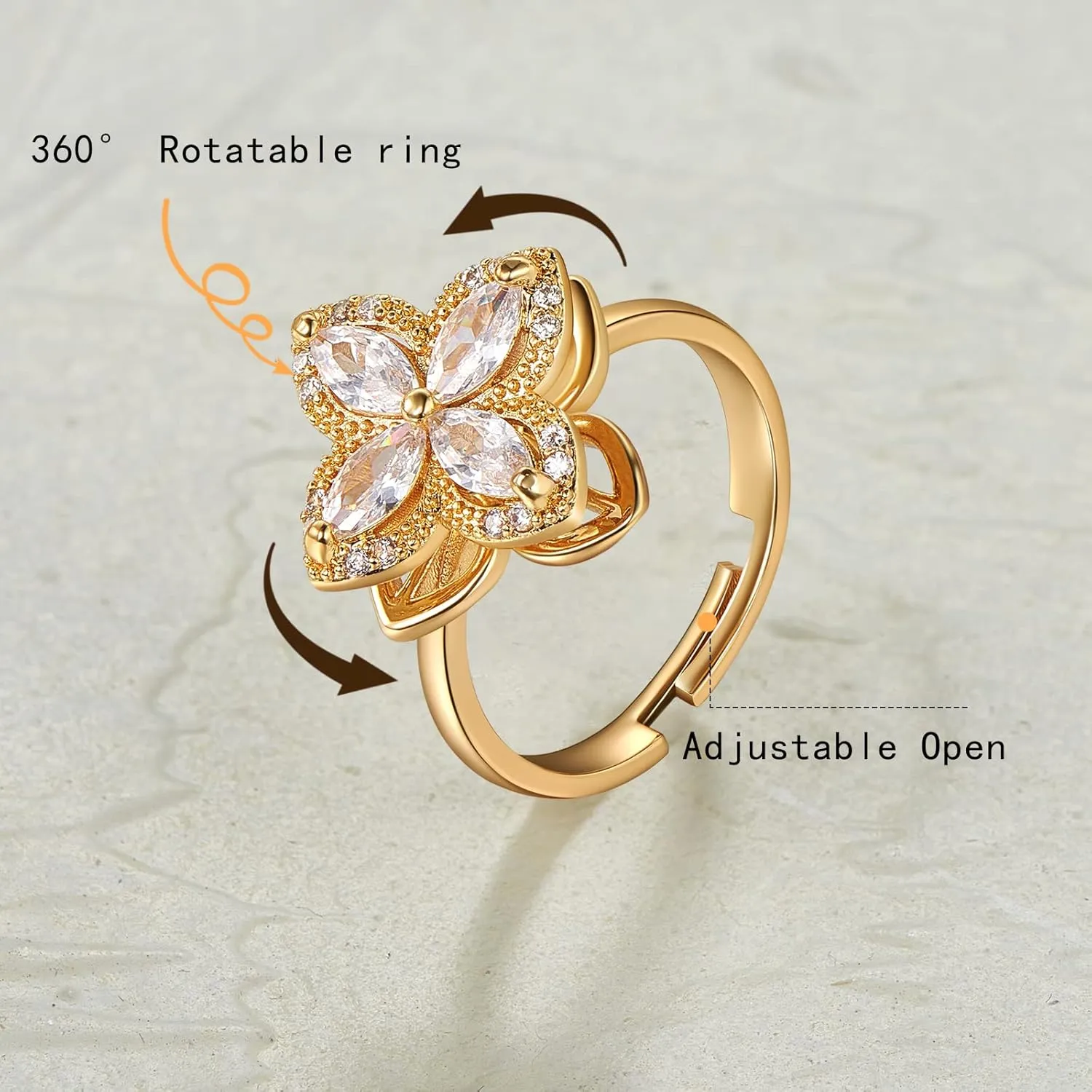 Ornaland Fidget Spinner Rings Adjustable Open Four Leaf Clover Ring Gold Cubic Zirconia Ring, Rotatable Cuff Pinwheel Ring for Women, 17.3mm