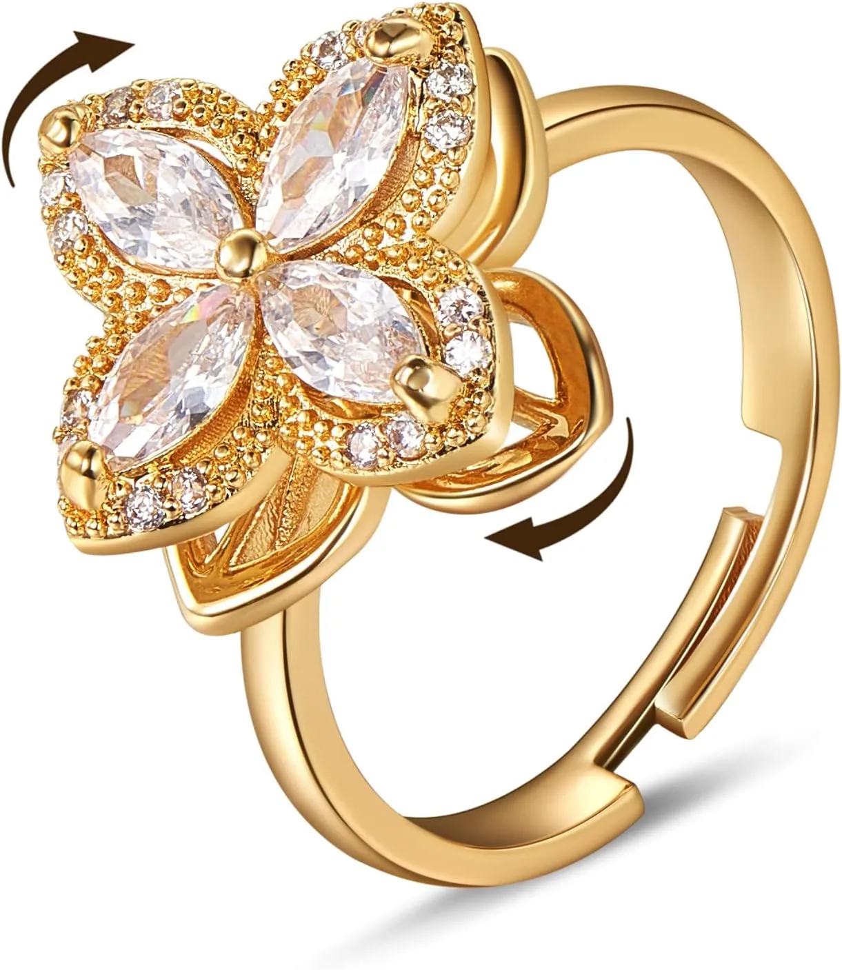 Ornaland Fidget Spinner Rings Adjustable Open Four Leaf Clover Ring Gold Cubic Zirconia Ring, Rotatable Cuff Pinwheel Ring for Women, 17.3mm
