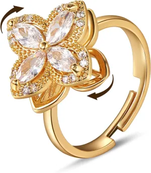 Ornaland Fidget Spinner Rings Adjustable Open Four Leaf Clover Ring Gold Cubic Zirconia Ring, Rotatable Cuff Pinwheel Ring for Women, 17.3mm