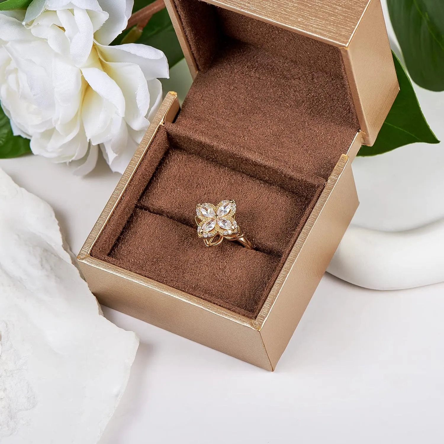 Ornaland Fidget Spinner Rings Adjustable Open Four Leaf Clover Ring Gold Cubic Zirconia Ring, Rotatable Cuff Pinwheel Ring for Women, 17.3mm