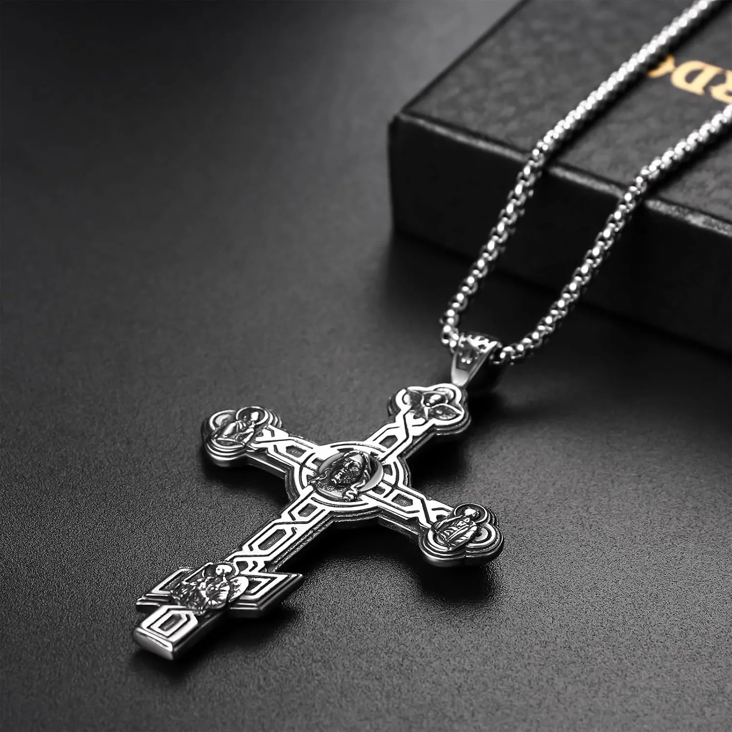 Orthodox Crucifix Cross Necklace for Men: Stainless Steel Religious Jesus Crucifix Byzantine Cross Christian Amulet Pendant Jewelry Gifts for Women