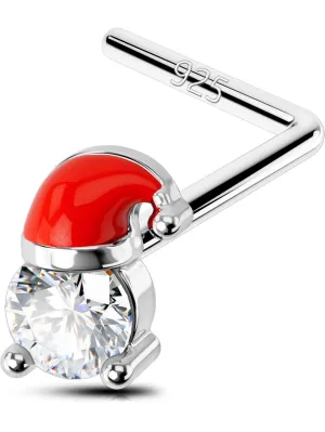 OUFER Christmas Nose Studs, L Shaped Nose Rings, 925 Sterling Silver 20G Nostril Piercing Jewelry, Clear CZ Nose Ring Studs For Women Men-Santa Hat?
