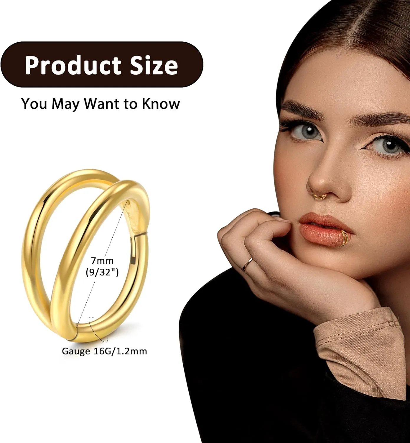 Oveta Titanium Double Hoop Nose Rings 18G 20G 16G Tragus Helix Conch Piercing Jewelry Cartilage Hoop Earring, Silver/Gold