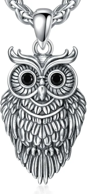 Owl Necklace 925 Sterling Silver Owl Pendant Jewelry for Men Women, w/Stainless Steel Chain 22'' 2''