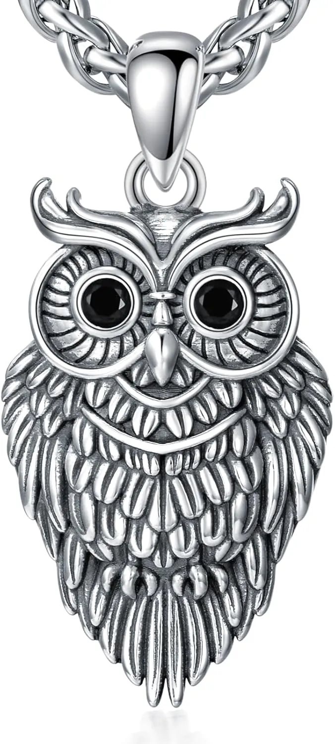 Owl Necklace 925 Sterling Silver Owl Pendant Jewelry for Men Women, w/Stainless Steel Chain 22'' 2''