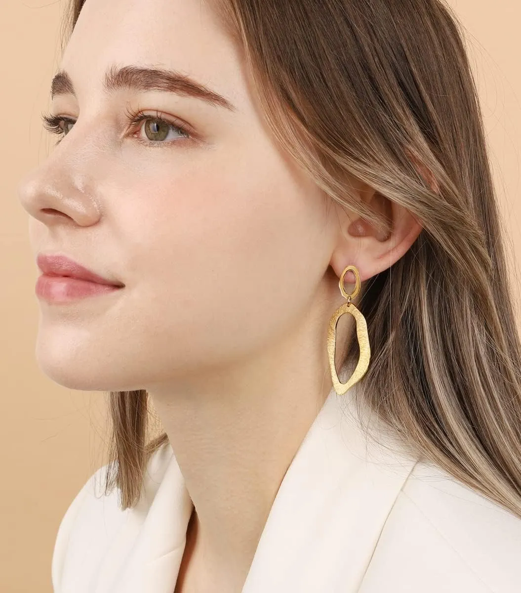OZEL Gold Dangle Earrings for Women Brushed Finish, Matte Gold Statement Jewelry, 14k Gold Plated