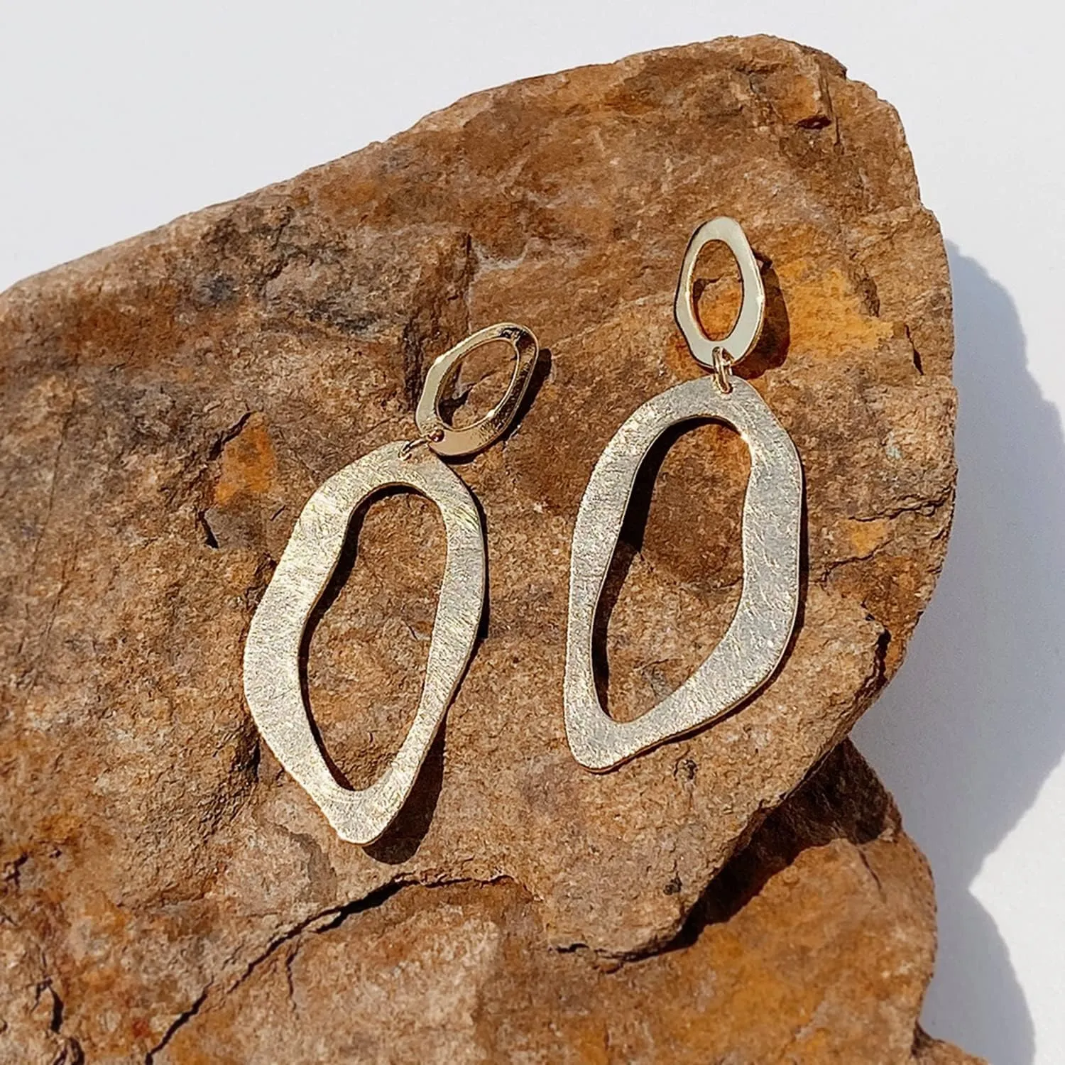 OZEL Gold Dangle Earrings for Women Brushed Finish, Matte Gold Statement Jewelry, 14k Gold Plated