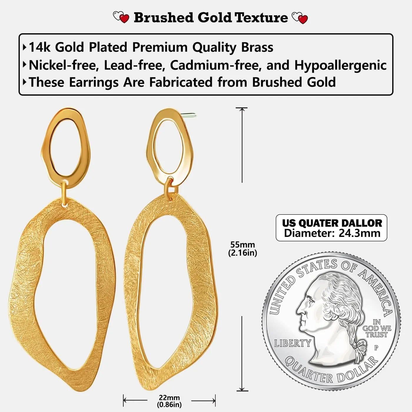 OZEL Gold Dangle Earrings for Women Brushed Finish, Matte Gold Statement Jewelry, 14k Gold Plated