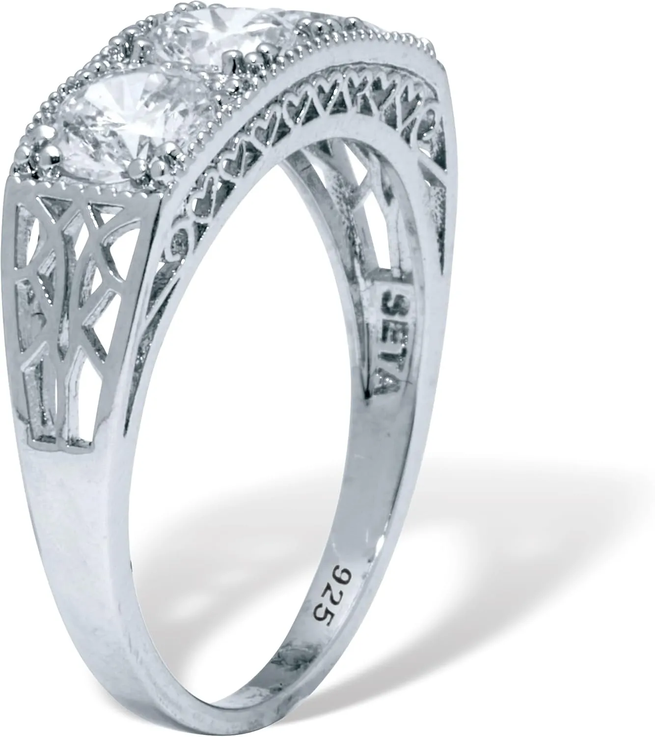 PalmBeach Platinum-plated Sterling Silver Round Cubic Zirconia 3-Stone Ring Sizes 6-10