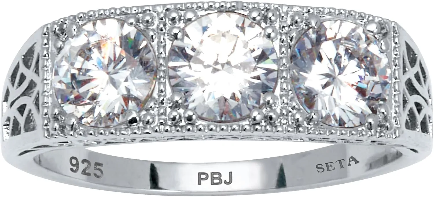 PalmBeach Platinum-plated Sterling Silver Round Cubic Zirconia 3-Stone Ring Sizes 6-10
